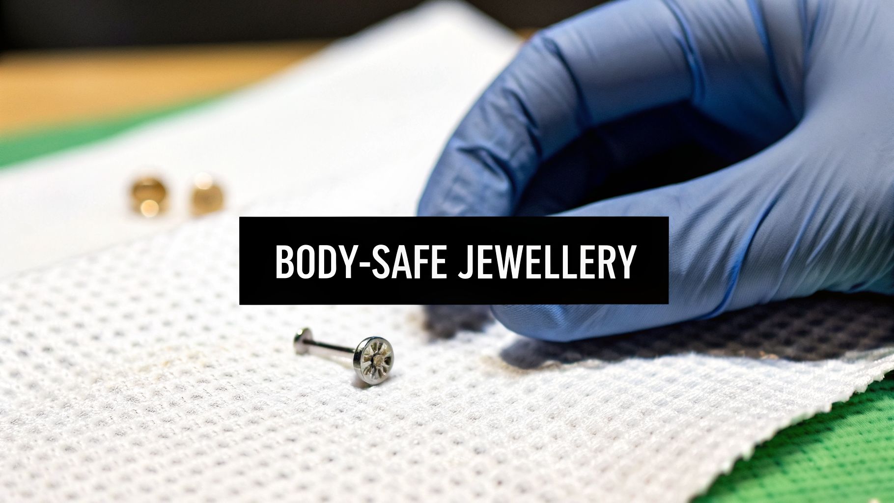 A gloved hand prepares body-safe jewelry, including a silver piercing stud, on a sterile surface.