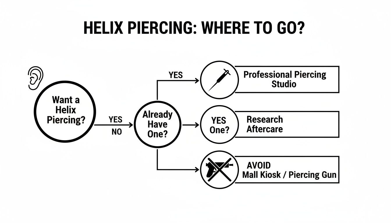 Flowchart on helix piercing, recommending professional studios and aftercare, while advising to avoid piercing guns.