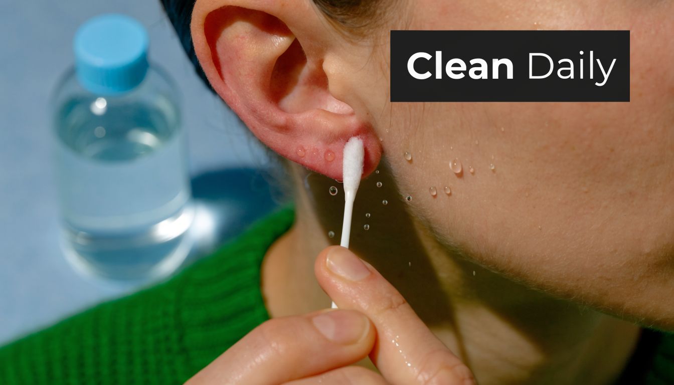 A close-up view of someone cleaning a fresh ear piercing with a cotton swab and saline solution.