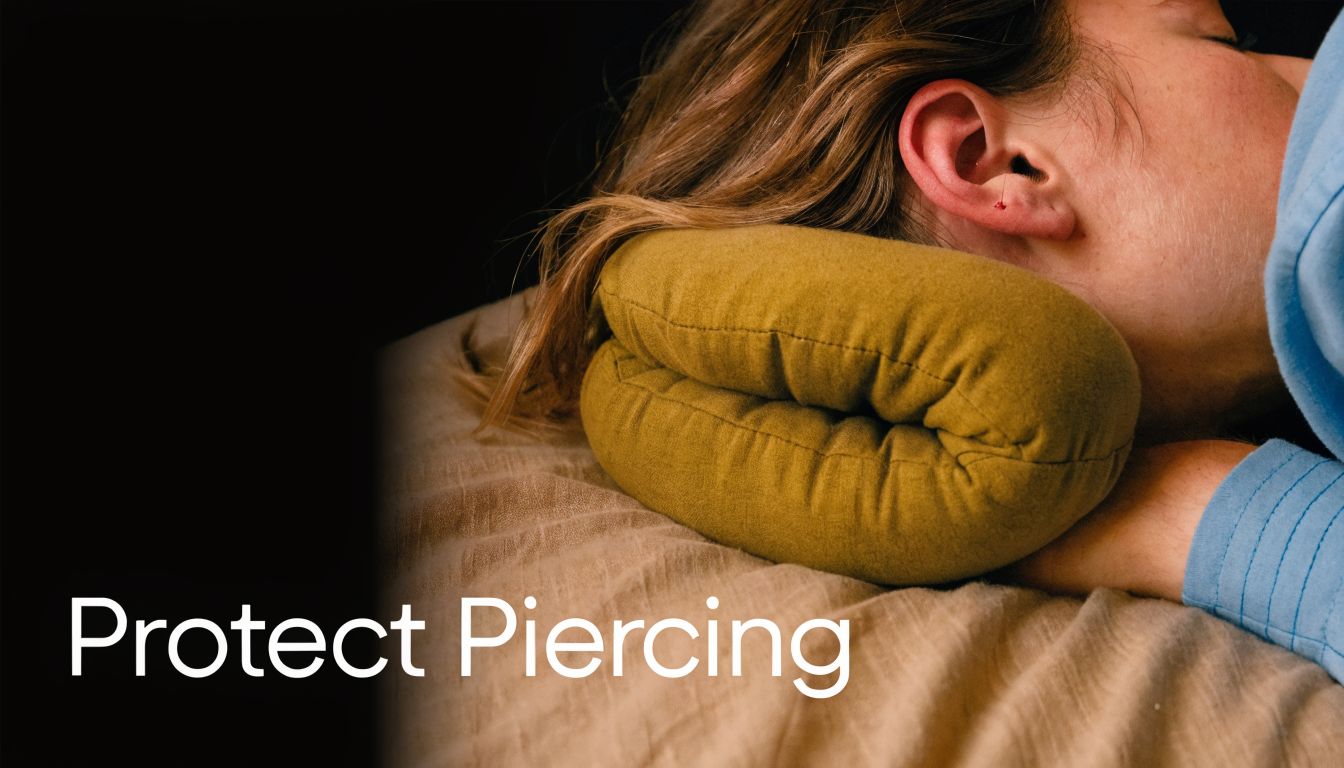 A person sleeping on their side using a specialized donut-shaped pillow to protect their ear piercing.