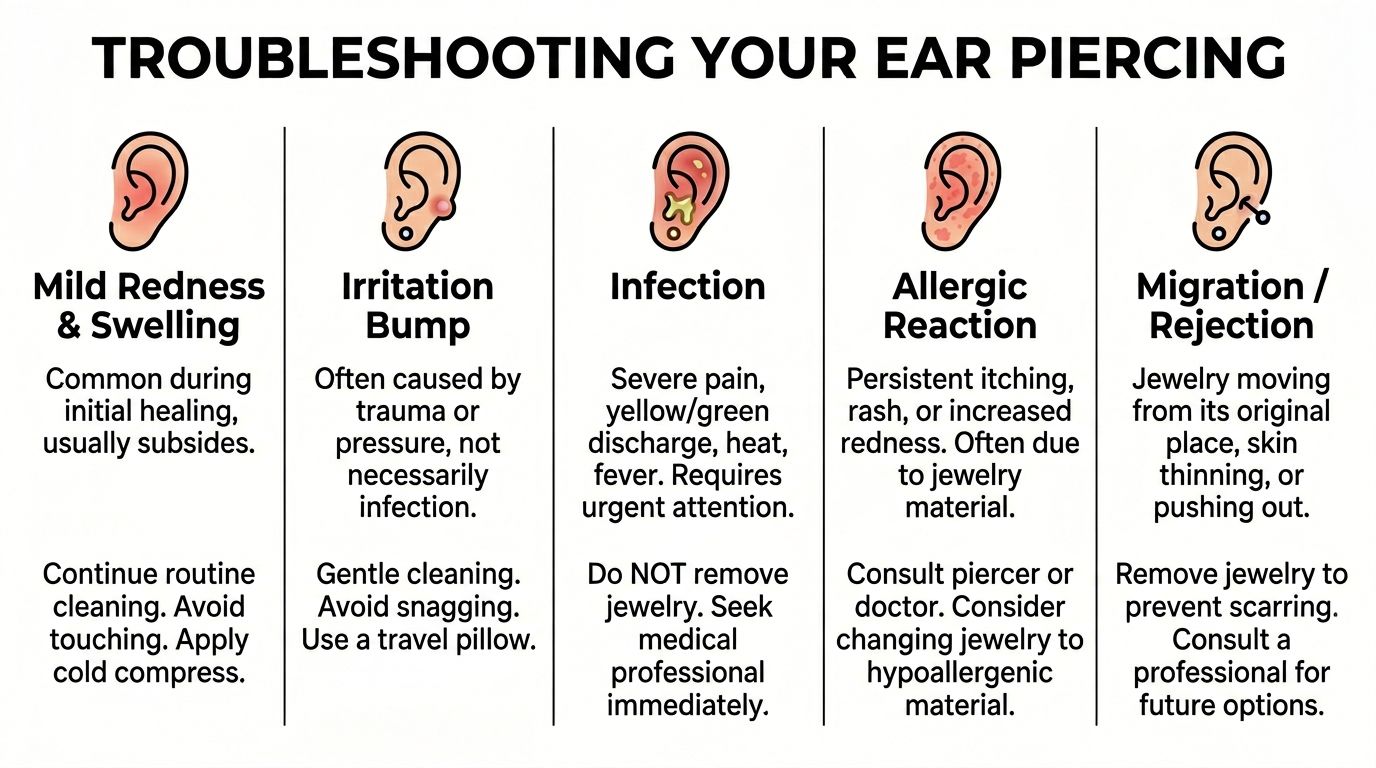 A guide illustrating common ear piercing issues, including redness, irritation bumps, infections, allergic reactions, and migration.