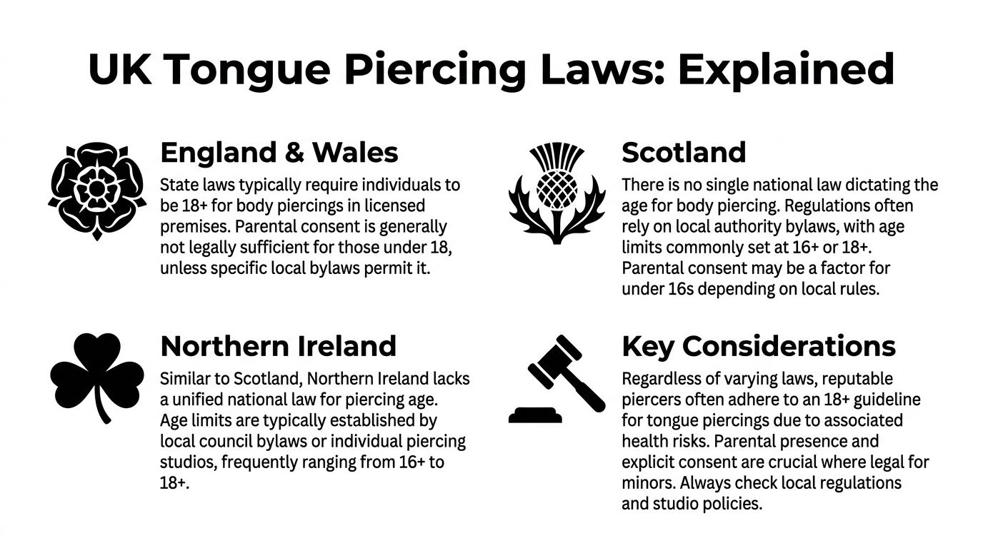 An infographic detailing the varying legal age requirements for tongue piercings across the United Kingdom.