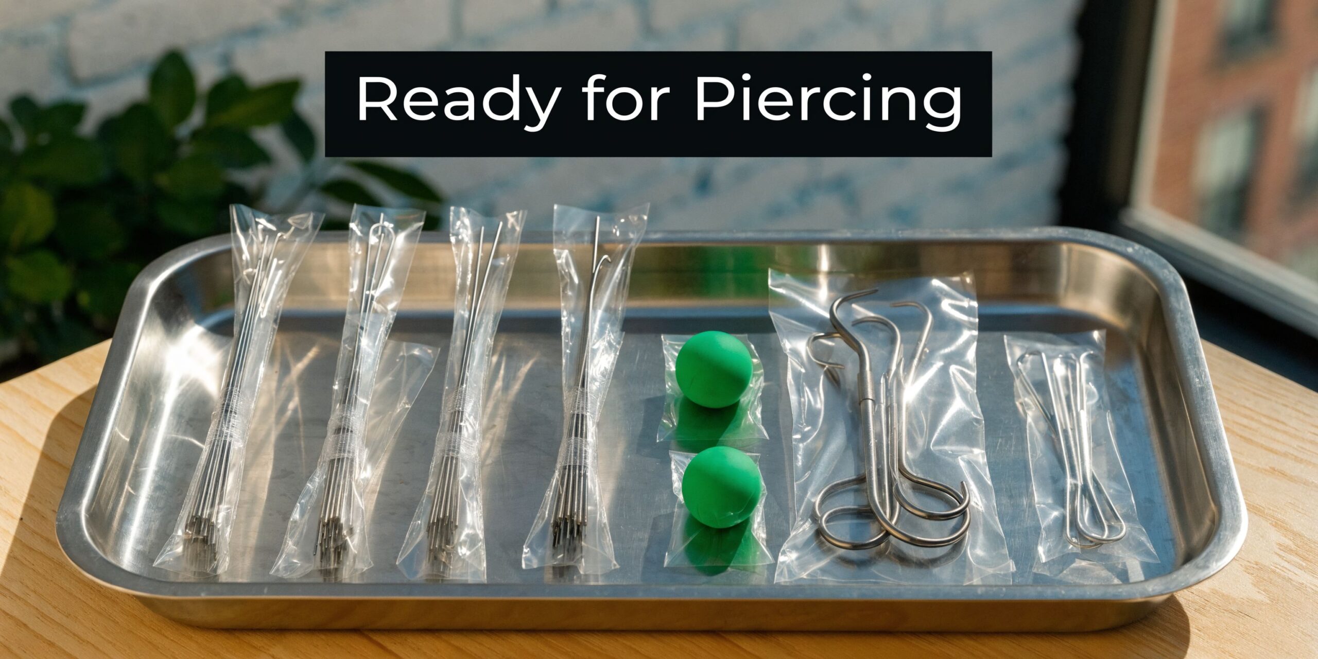 A stainless steel medical tray containing various sterile piercing needles, tools, and green practice balls.
