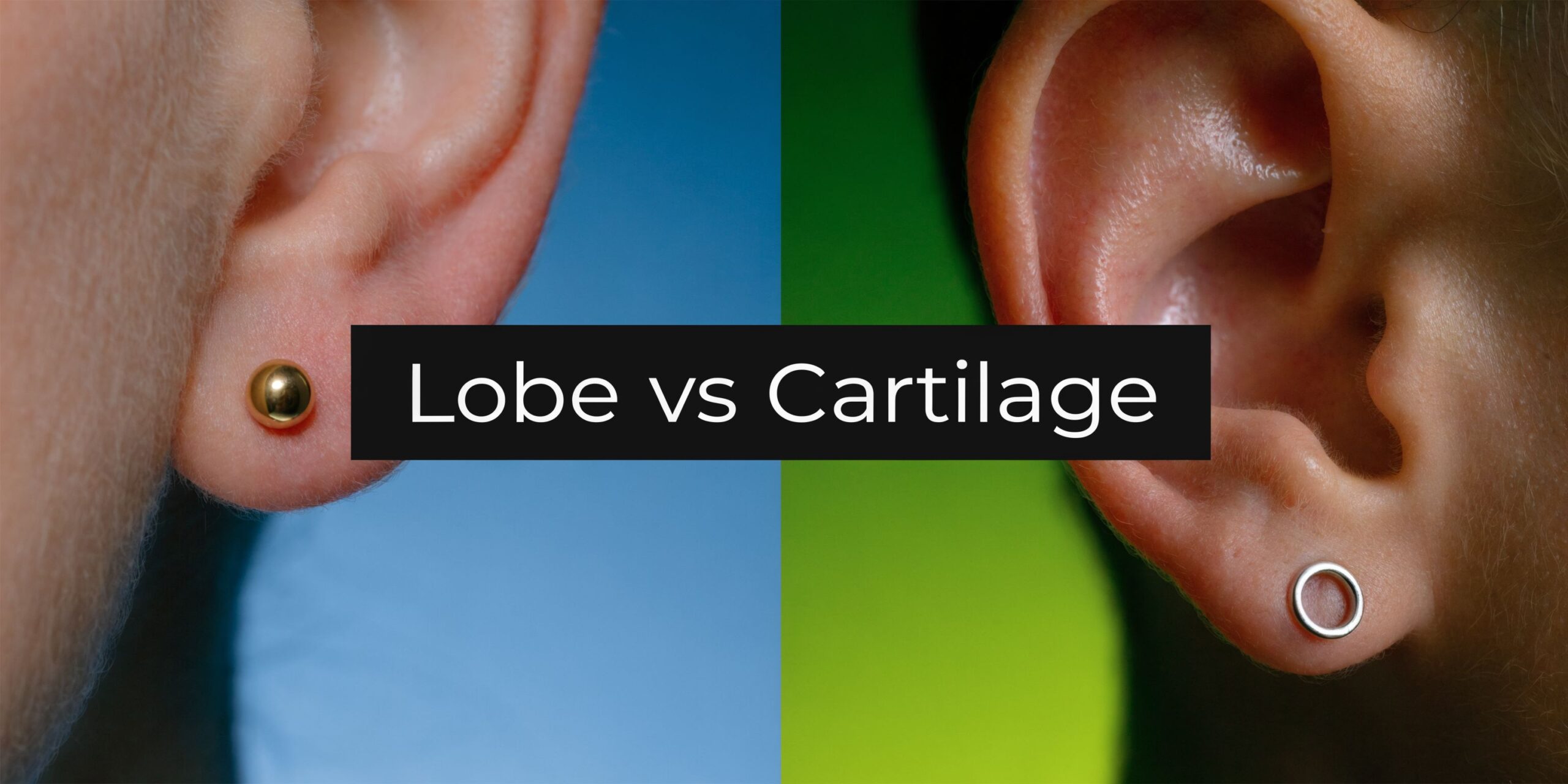 A split image comparing earlobe piercings with gold studs and ear cartilage piercings with silver hoops.