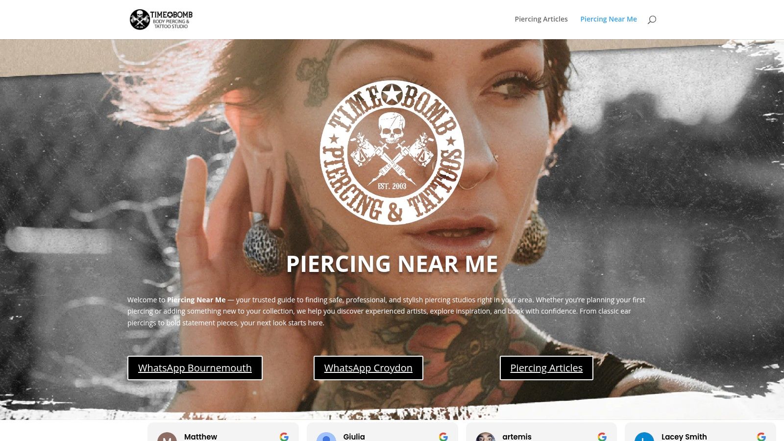 A professional piercer with a client in a clean, well-lit studio environment, showcasing the care and precision offered at Timebomb studios.
