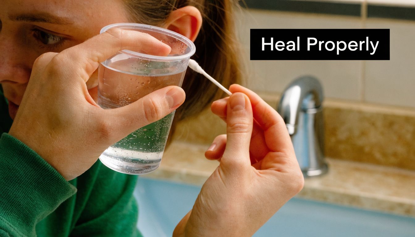 A person cleaning a new ear cartilage piercing with a cotton swab dipped in saline solution.