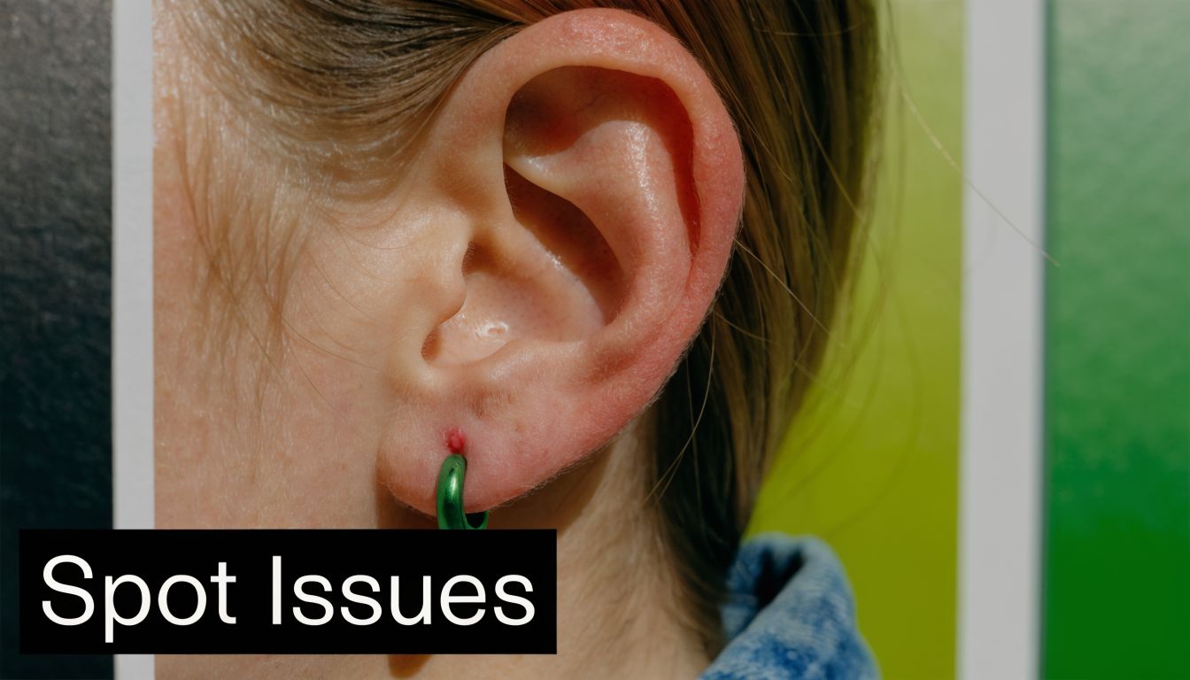 A close-up of a person's earlobe showing a small red bump near a green hoop piercing.