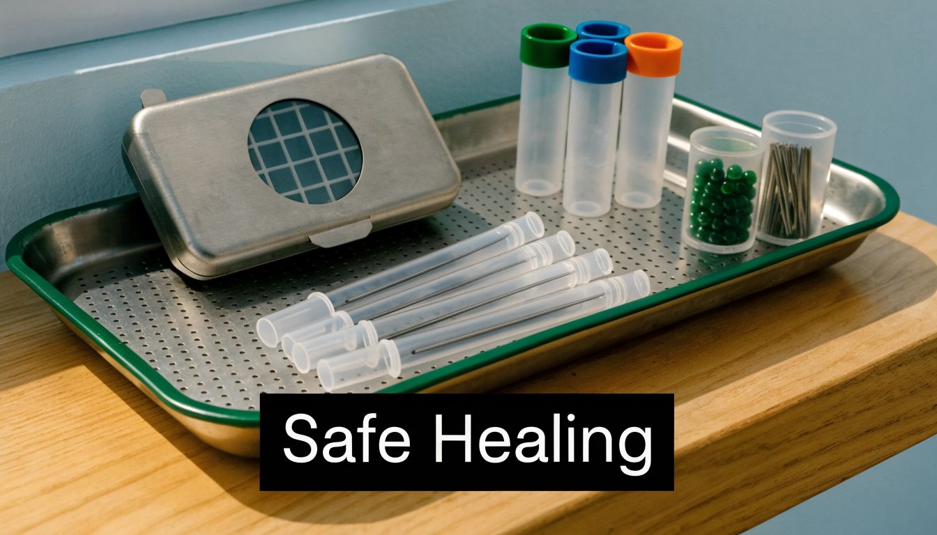 A stainless steel medical tray with sterile needles, tubes, and a small metal storage box for piercings.