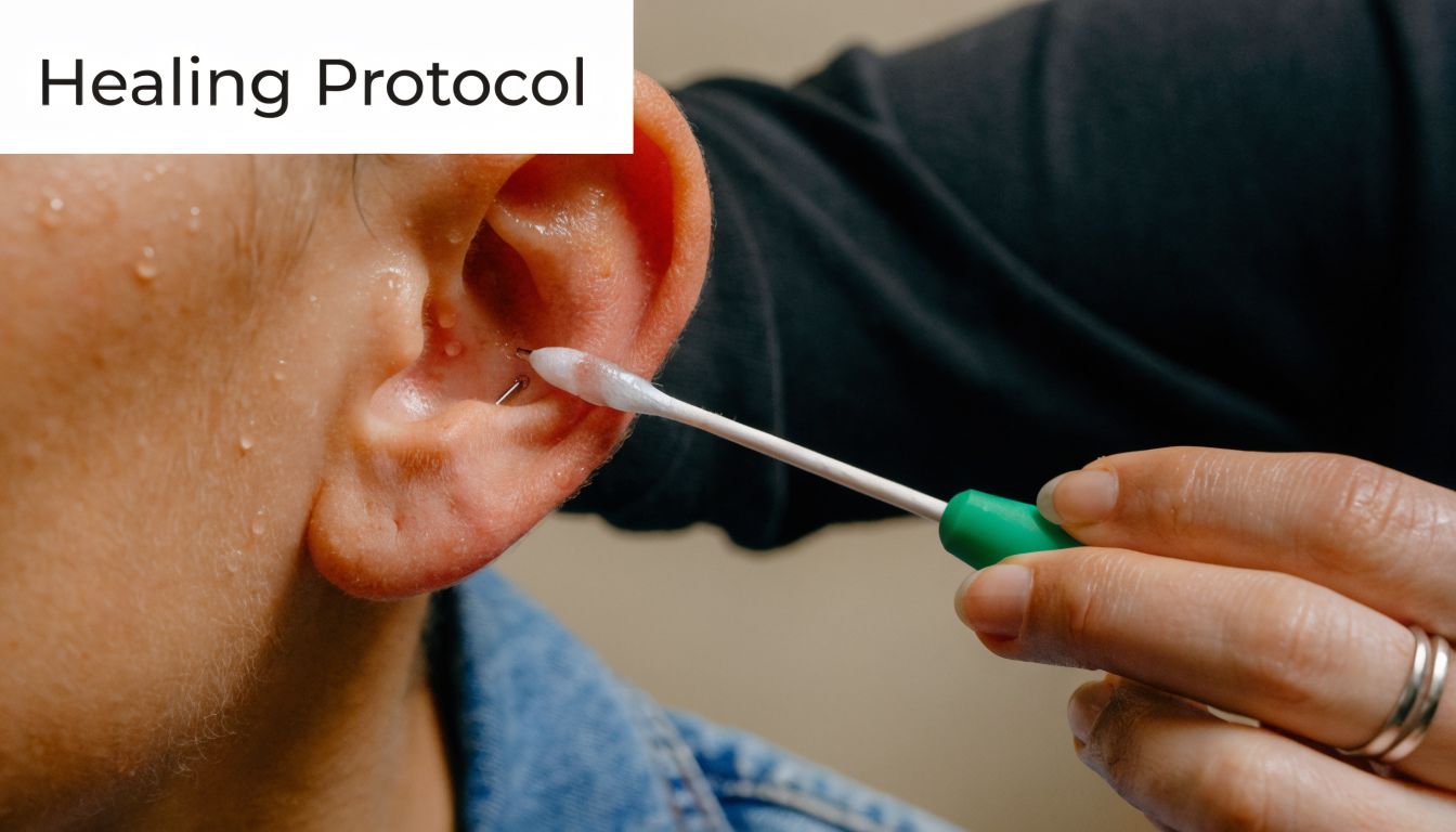 A person cleaning a new ear cartilage piercing with a cotton swab as part of healing care.