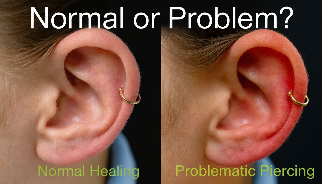 A side-by-side comparison showing a normal healing cartilage piercing versus an inflamed, problematic infected ear piercing.