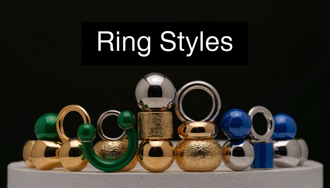 A collection of various decorative and metal cartilage piercing rings arranged on a circular white display stand.