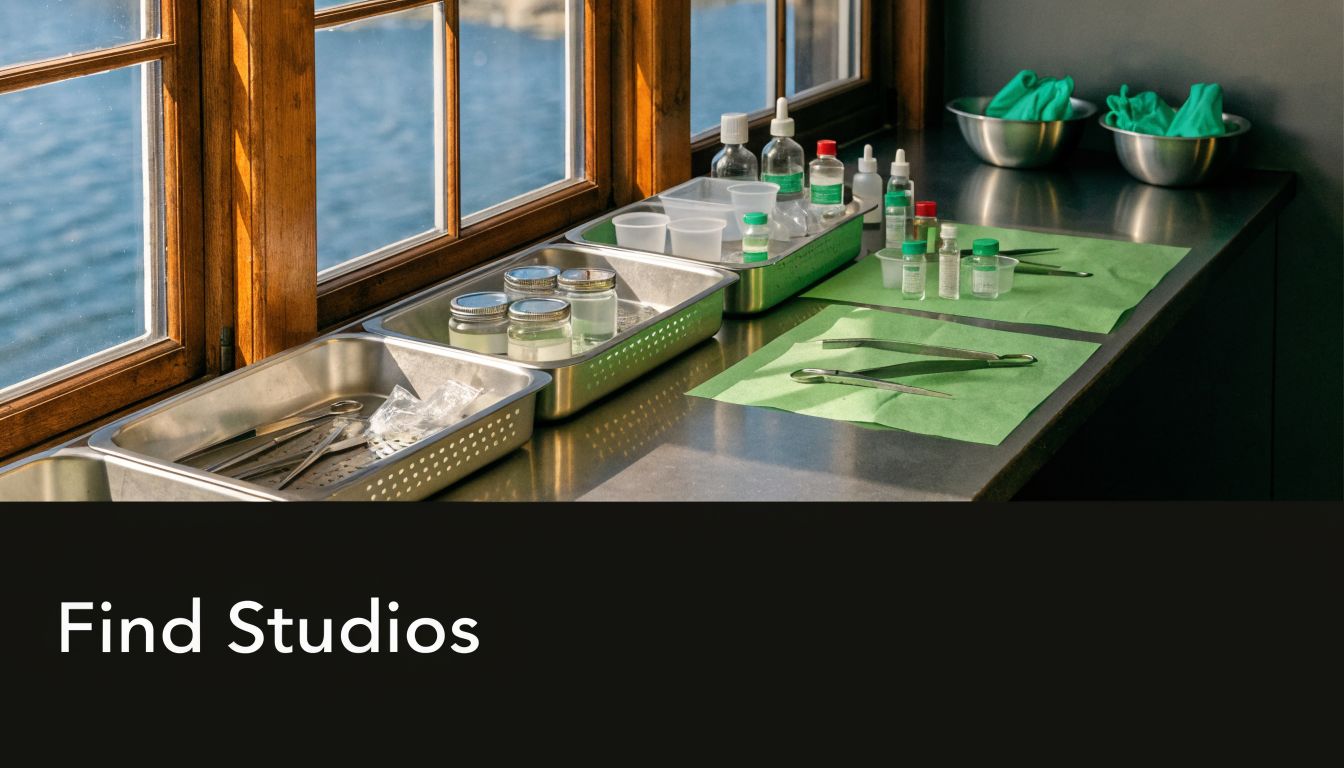 A professional piercer's clean workspace featuring sterilized metal instruments, glass containers, and medical supplies near a window.