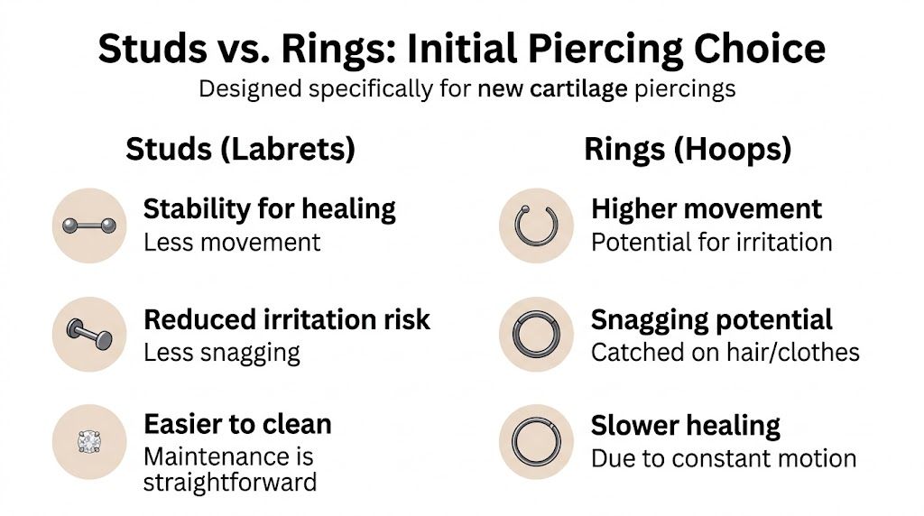 A comparison chart showing why studs are better than rings for initial cartilage piercings for faster healing.