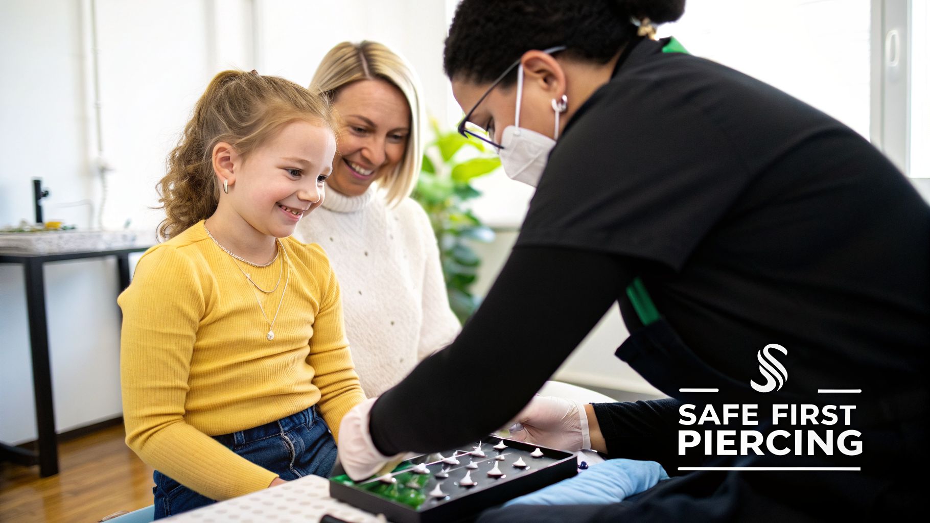 A happy young girl with her mother choosing earrings for a safe first ear piercing with a professional piercer.