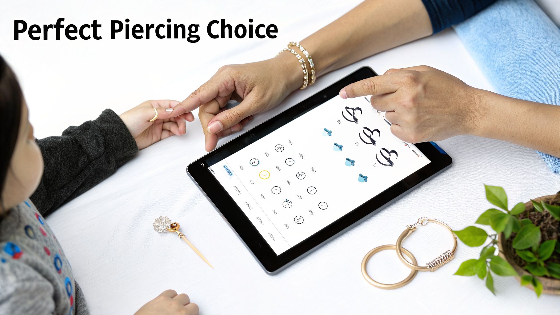 An adult helps a young girl choose ear piercing designs on a tablet, with jewelry nearby.