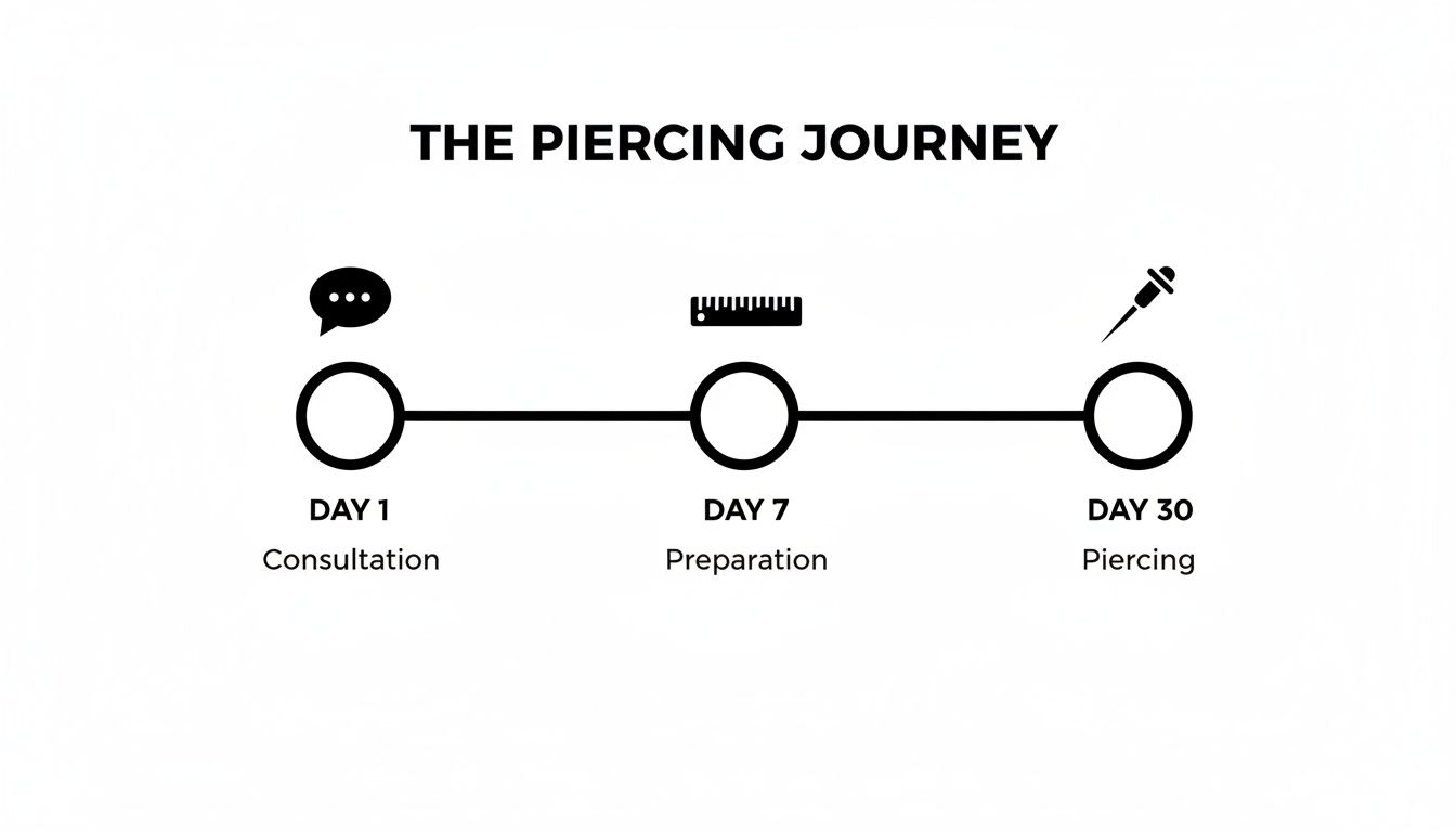 A visual timeline outlining the piercing journey with three key steps: Consultation, Preparation, and Piercing.
