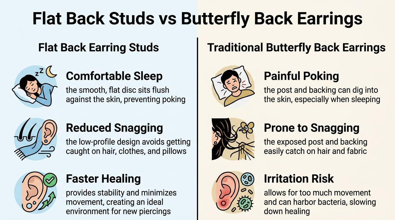 A comparison infographic showing the comfort and health benefits of flat back earring studs versus butterfly backs.