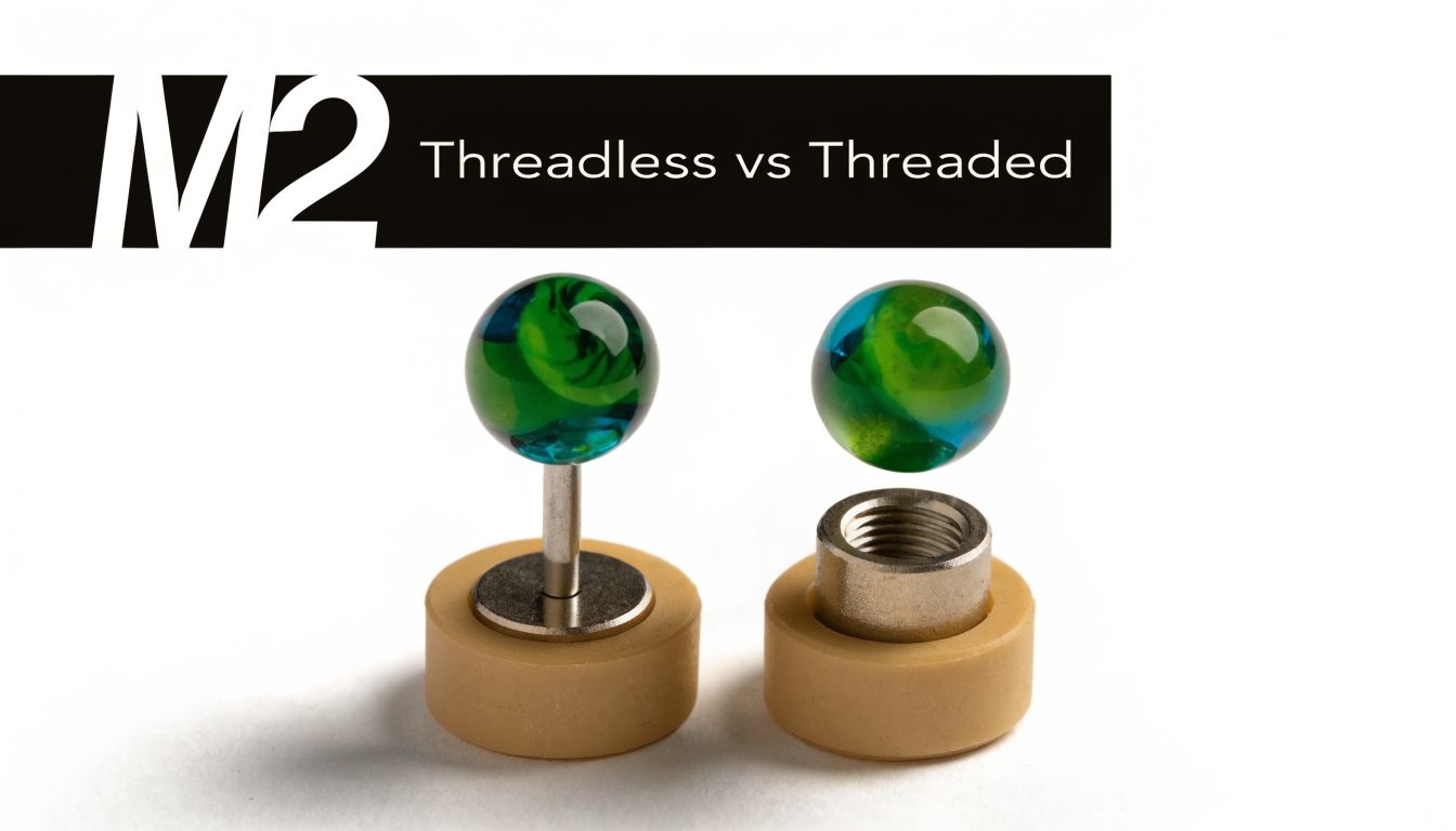 A comparison image showing threadless and threaded flat back earring stud mechanisms side by side.
