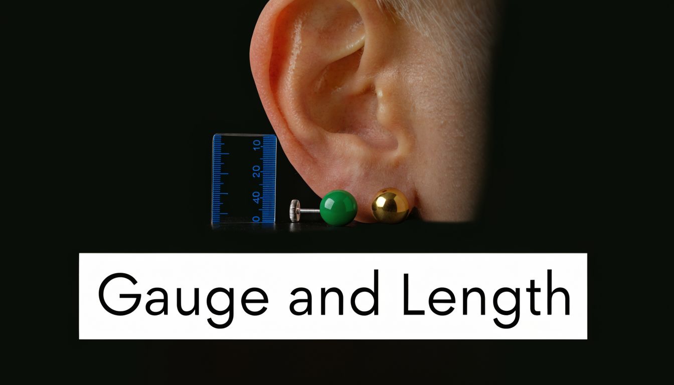 A close-up view of green and gold flat back earring studs next to a small measuring ruler.