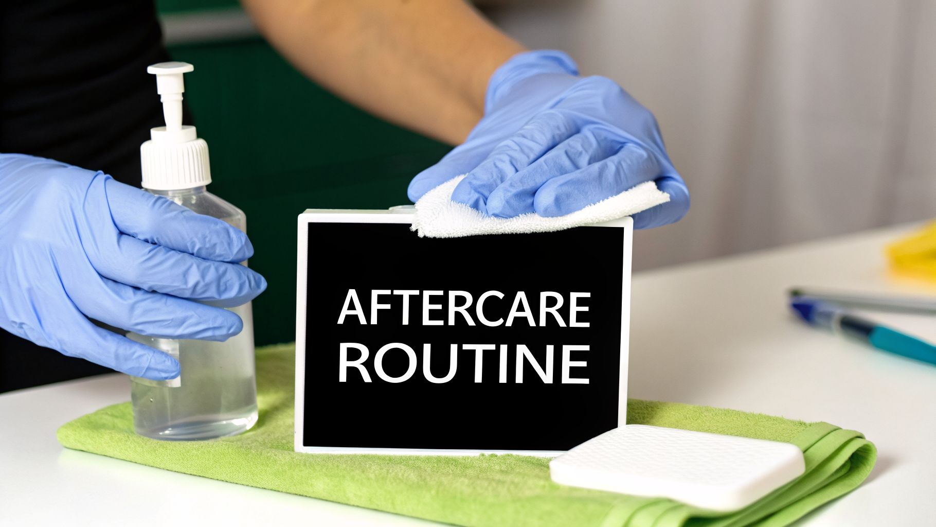 A person in blue gloves cleans a sign displaying 'AFTERCARE ROUTINE' with a white cloth and sanitizer.