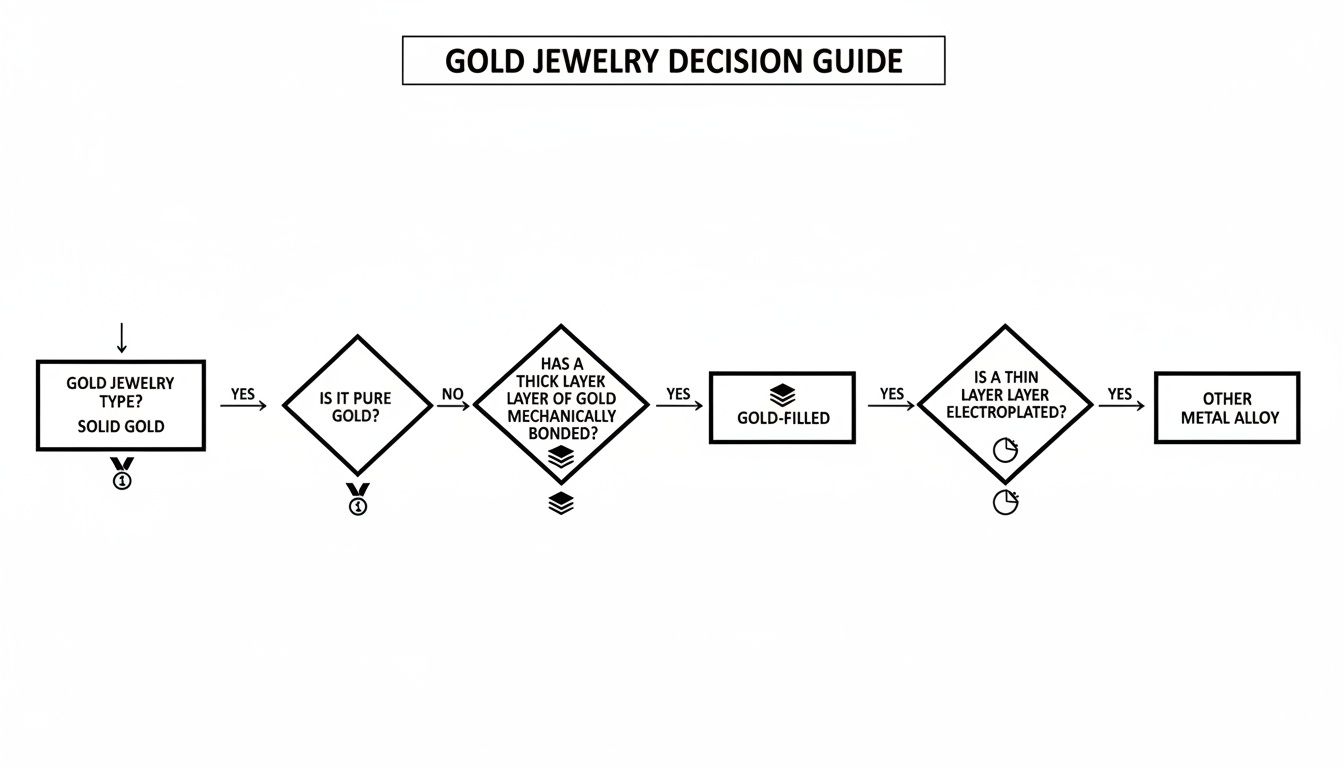 Flowchart diagram titled 'Gold Jewelry Decision Guide' differentiating solid, pure, gold-filled, and electroplated types.