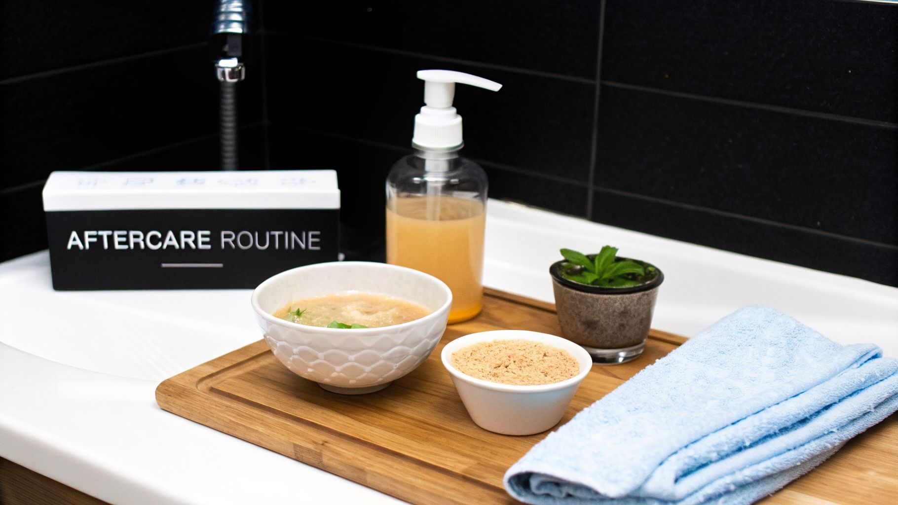 Aftercare routine products, including a liquid soap, two bowls with scrubs, a plant, and a blue towel.