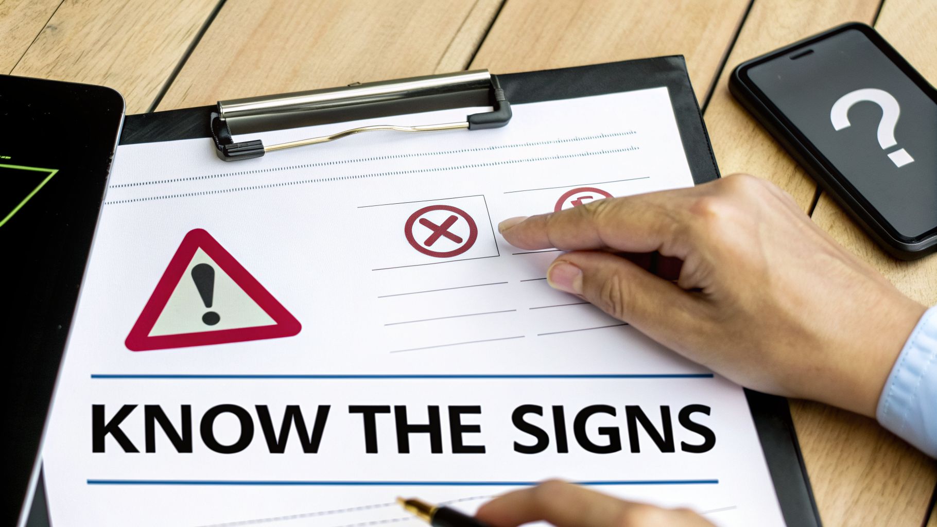 Hands point at 'X' symbols on a 'KNOW THE SIGNS' document with a warning sign and phone.
