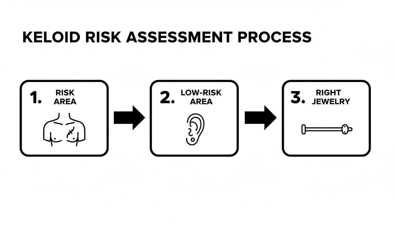 A step-by-step guide to keloid risk assessment, showing high-risk body areas, low-risk ear piercings, and suitable jewelry.