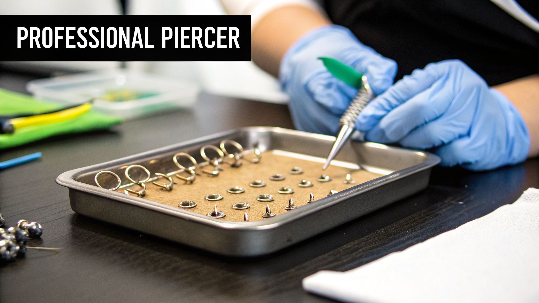 Close-up of a professional piercer wearing blue gloves, organizing sterile piercing jewelry in a tray.