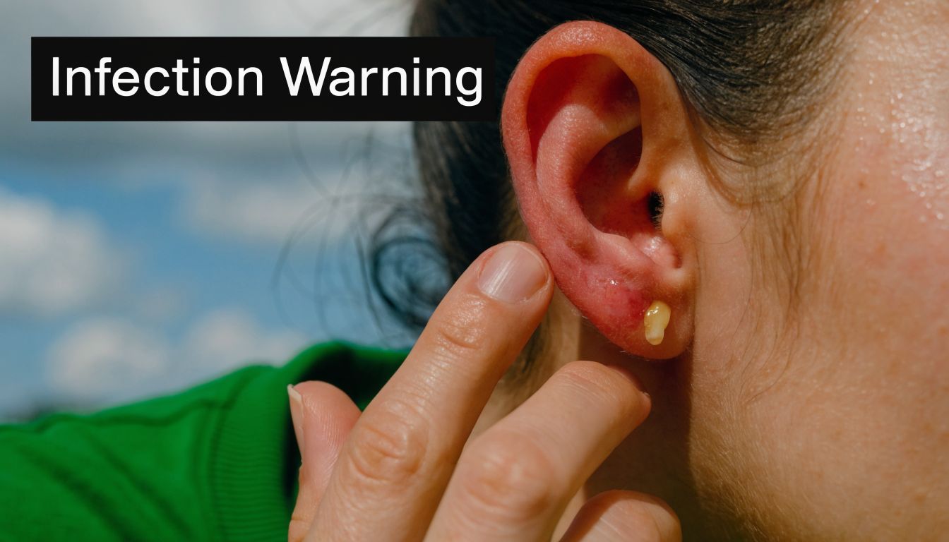A close-up view of an infected ear piercing with redness and pus near the earlobe.