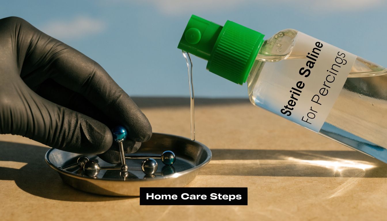 A gloved hand cleaning piercing jewelry with sterile saline spray on a metal tray.