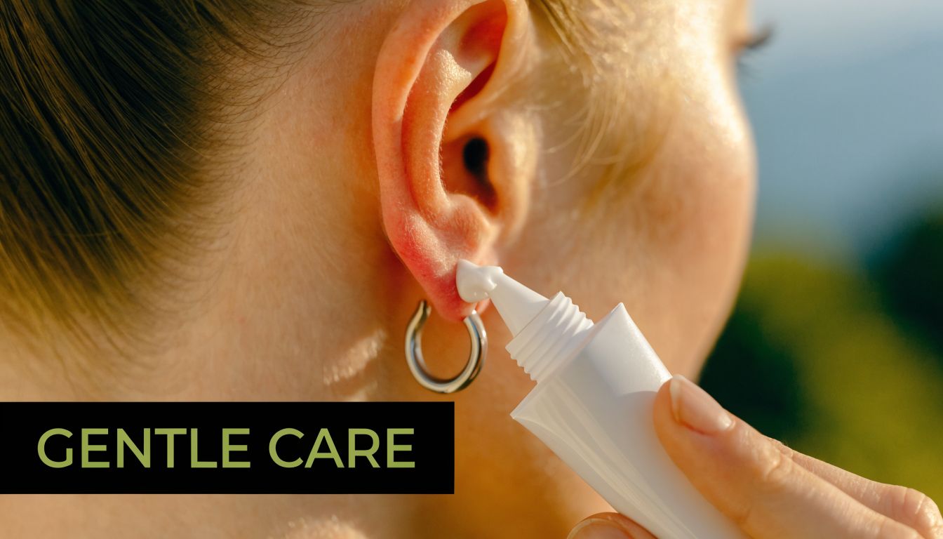 A close-up view of a person applying soothing cream to their earlobe next to an earring.