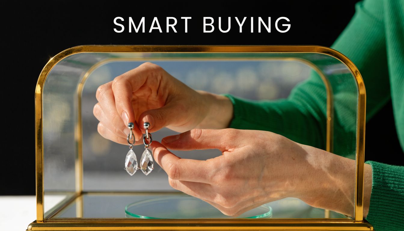 A pair of elegant drop earrings held by hands inside a glass display case.