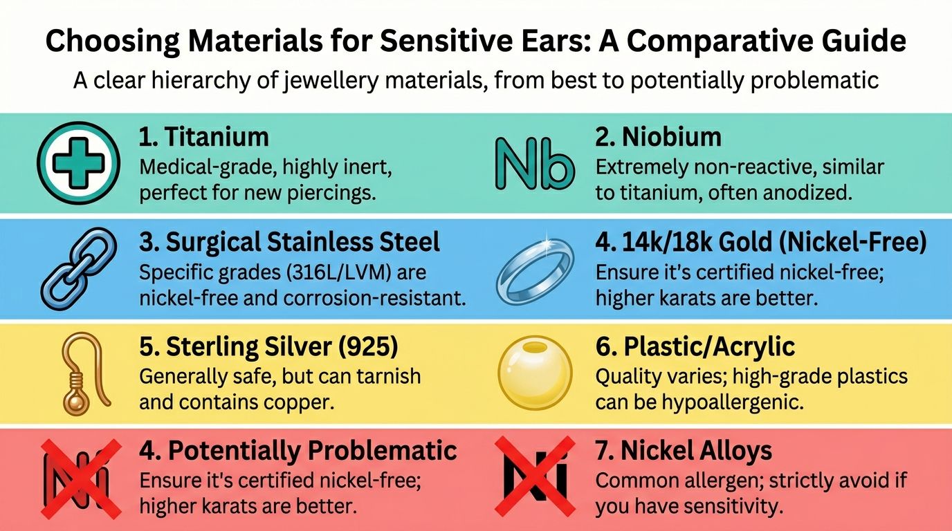 A comparative guide infographic detailing the best and most problematic materials for earrings for sensitive ears.