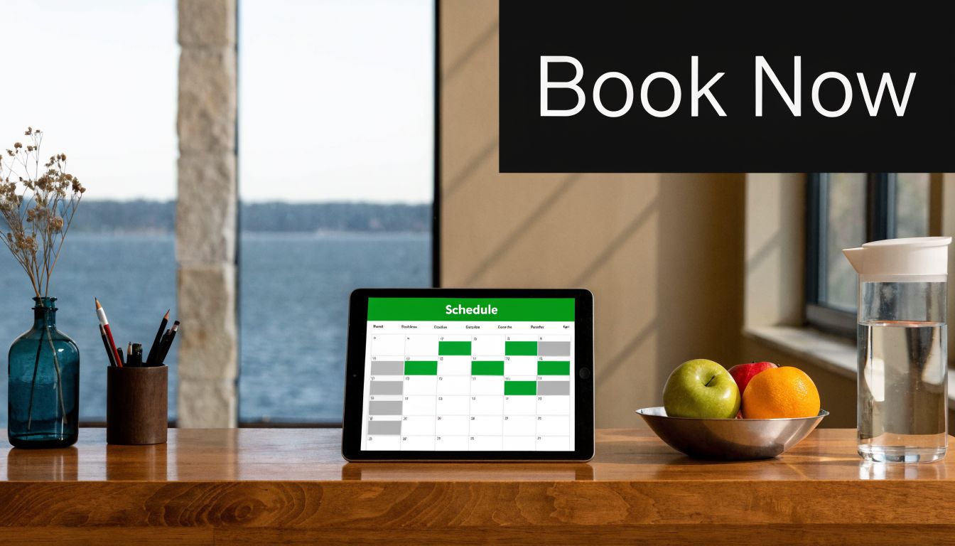 A digital tablet displaying a schedule on a wooden desk with office supplies and fresh fruit.