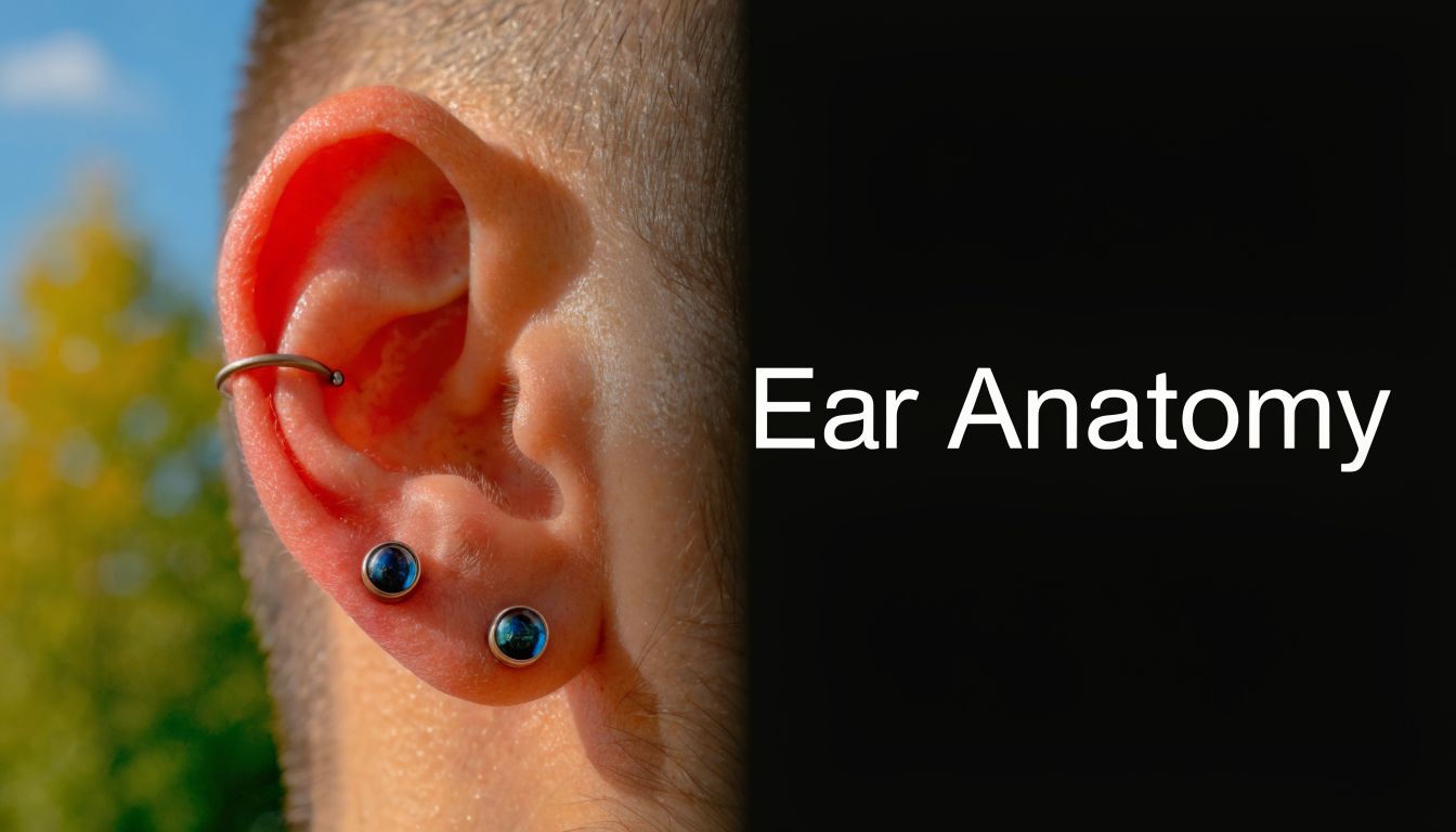 A close-up view of a human ear featuring a helix hoop piercing and two earlobe studs.