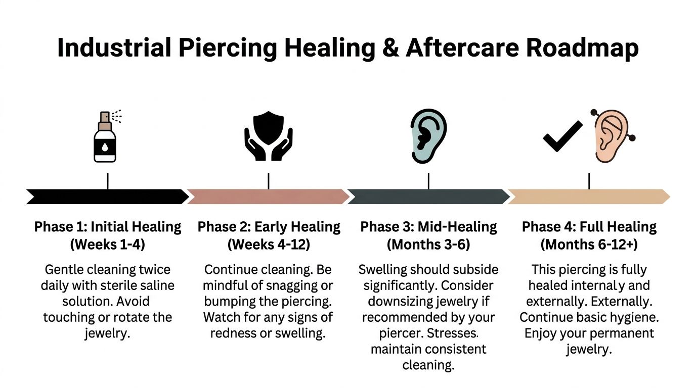 A visual roadmap outlining the four phases of industrial piercing healing and necessary aftercare steps.