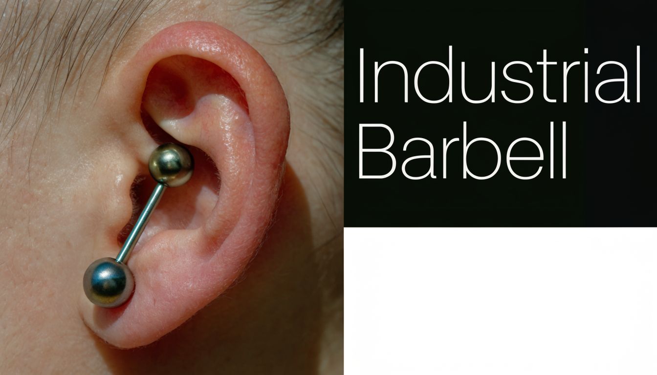 A close-up view of a metallic industrial barbell piercing jewelry inserted into a human ear cartilage.
