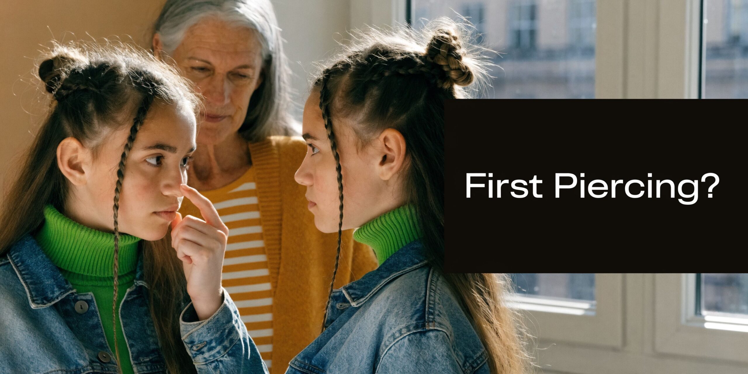 A young girl touches her nose while an older woman watches, contemplating a nose piercing.