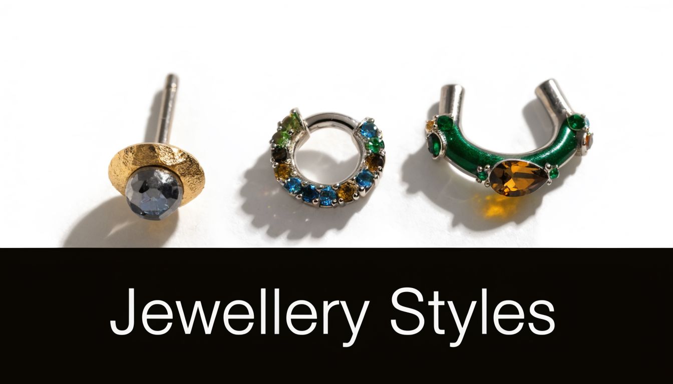 A close-up shot of three unique pieces of fine body jewellery displayed on a white background.