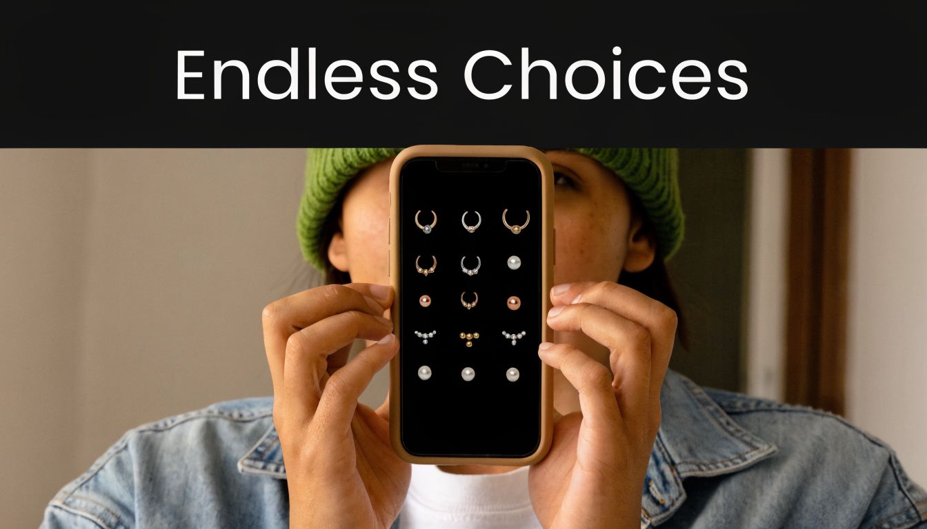 A person holding a smartphone displaying a collection of various nostril piercing jewelry options against a dark screen.