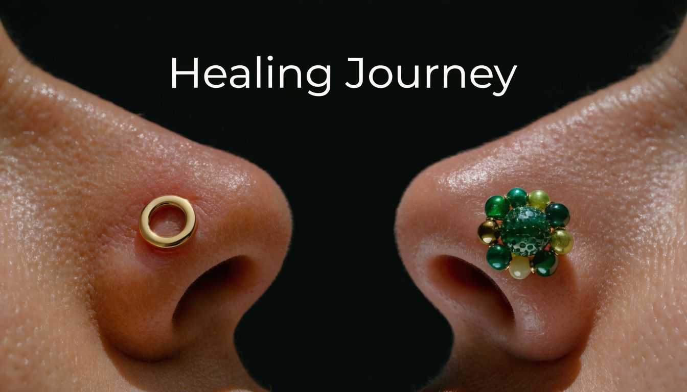 A close-up view of two human nostrils featuring a simple gold ring and a decorative jeweled stud.