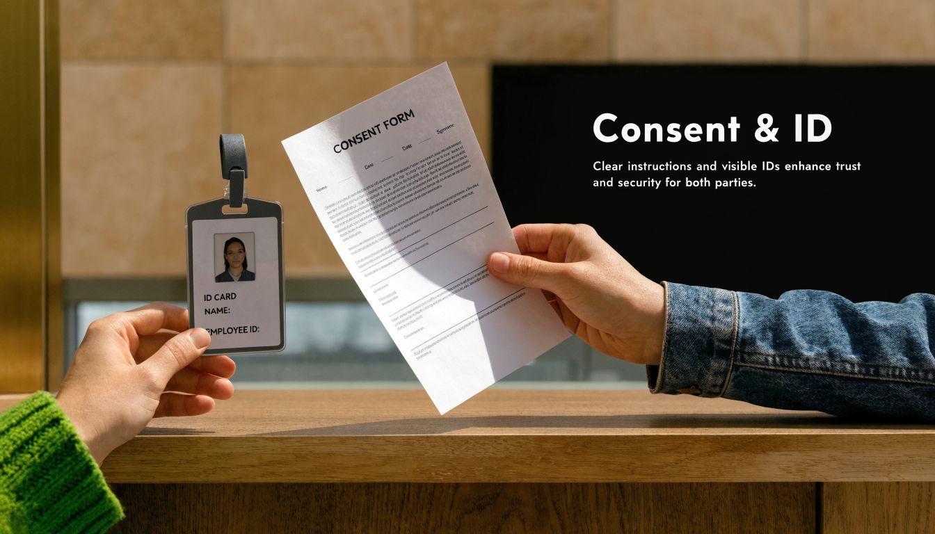 A person presents an employee ID card alongside a consent form to establish identity and professional trust.