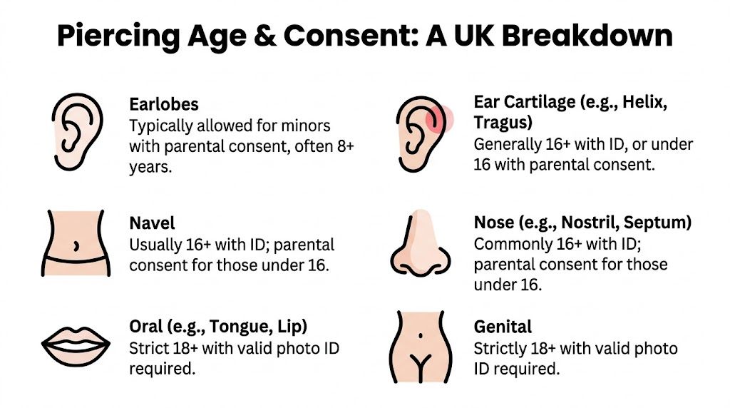 A visual guide summarizing age restrictions and consent requirements for various body piercings in the UK.