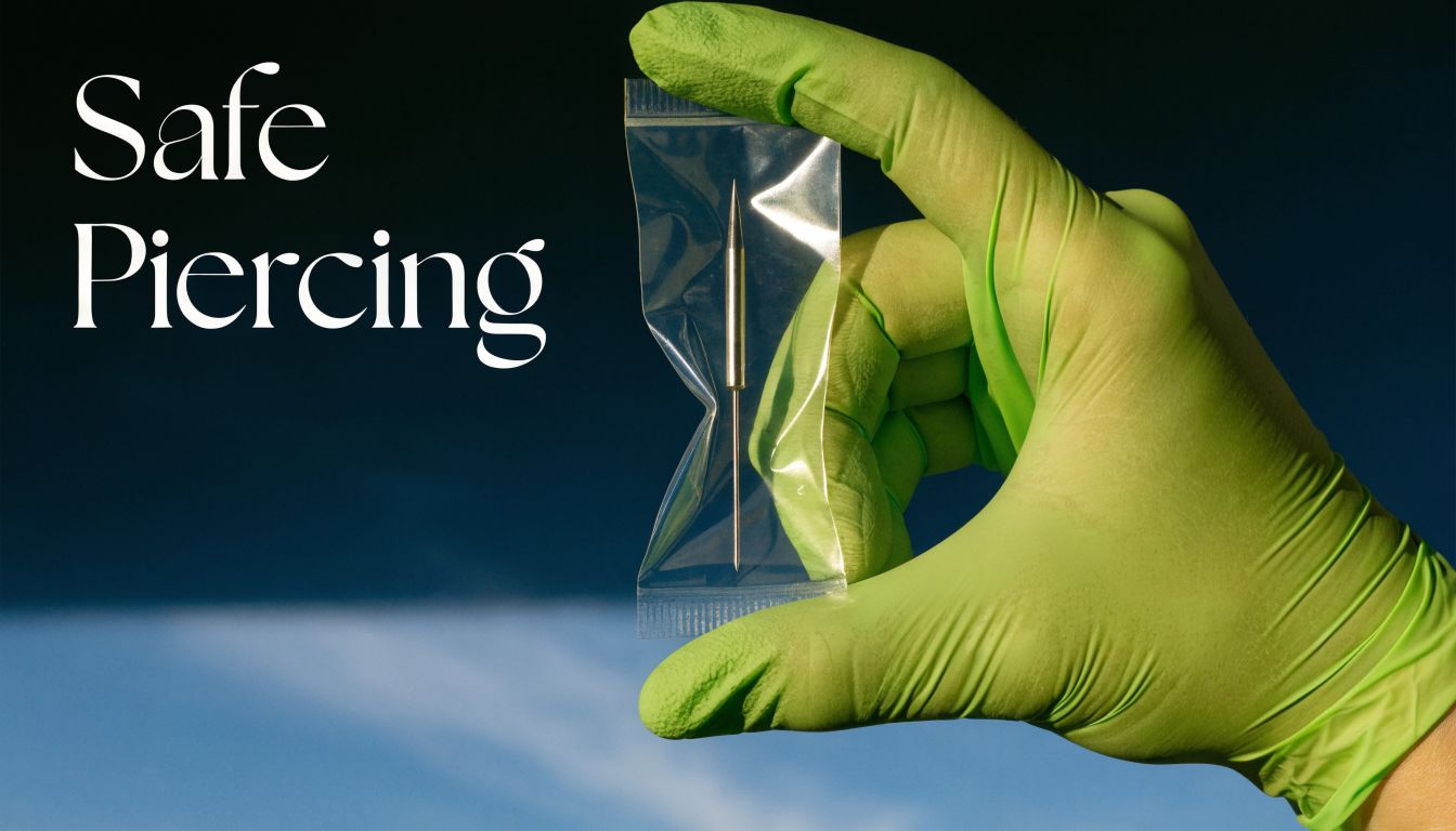 A gloved hand holds a sterile packaged piercing needle against a blue and black background.