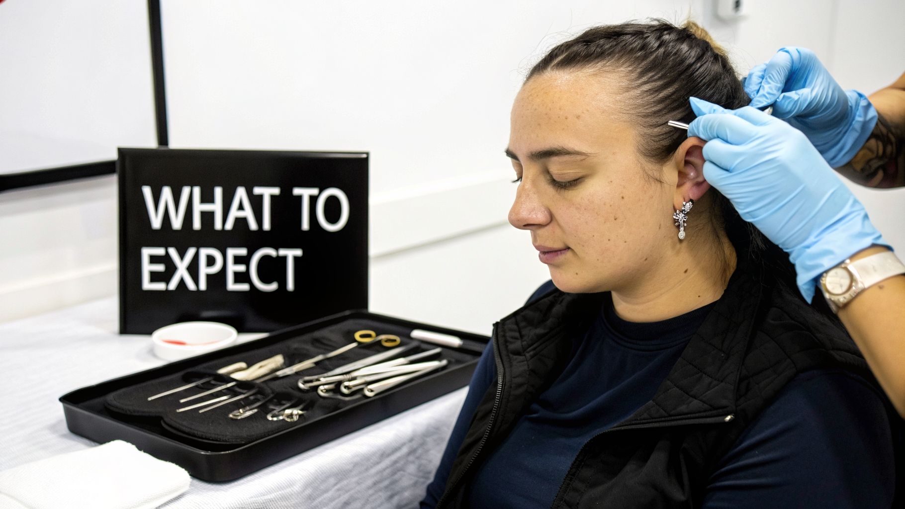 A professional piercer in blue gloves performs an ear piercing on a woman.