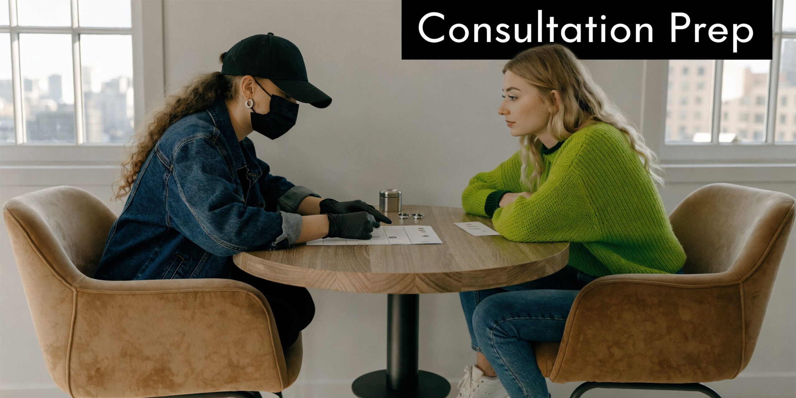 A professional piercer in a mask and gloves discussing paperwork with a client during a consultation.
