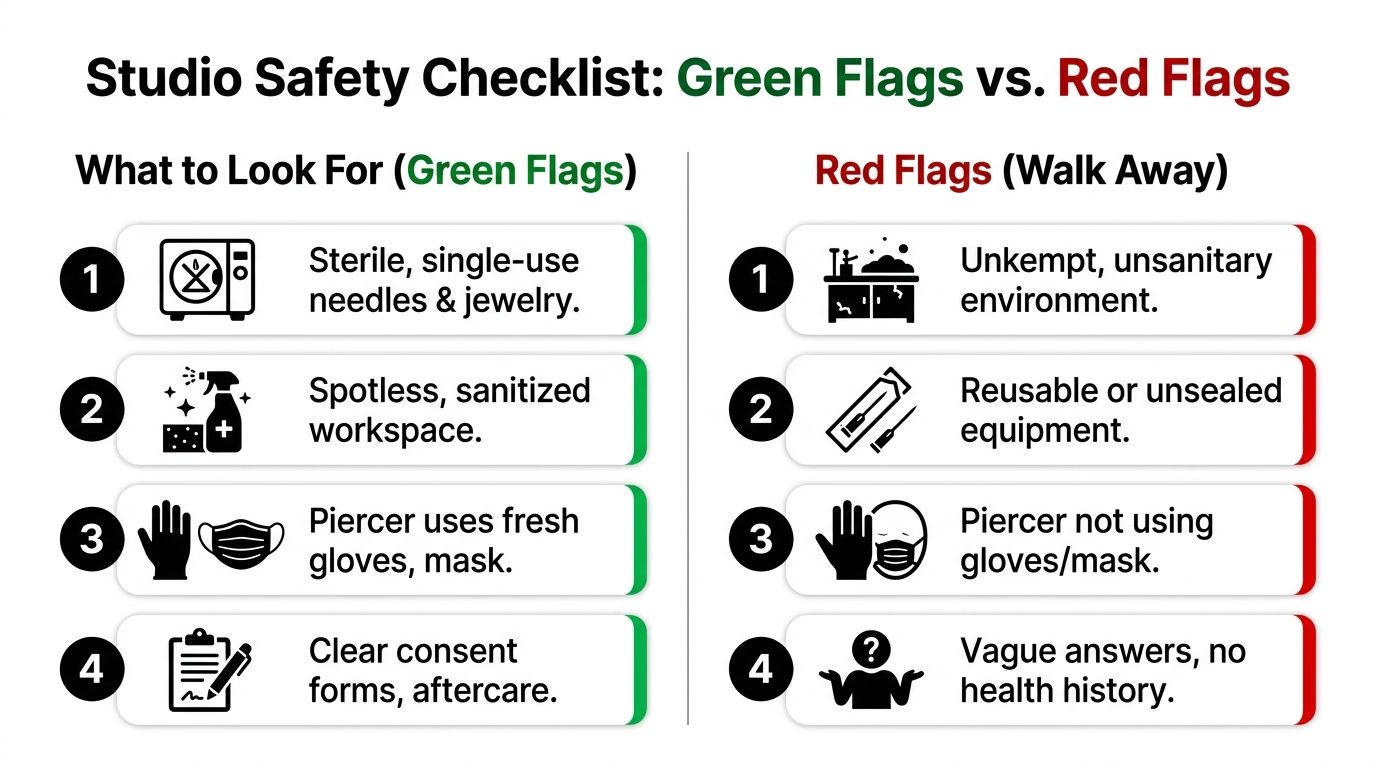 A safety checklist comparing professional studio green flags against red flags to watch for when getting pierced.