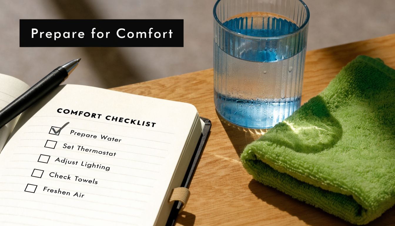 A comfort checklist in a notebook next to a glass of water and a folded green towel.
