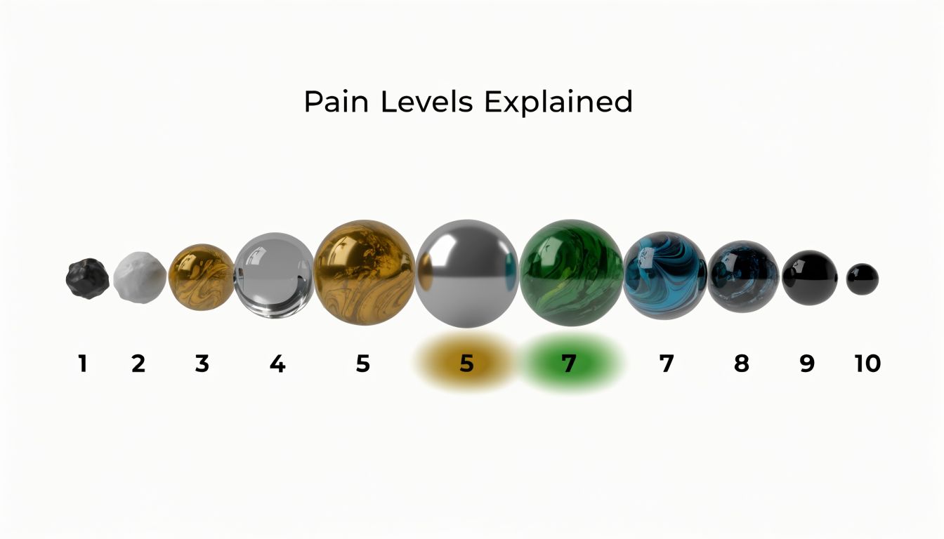 A visual representation of pain levels using spheres of varying sizes, textures, and colors from one to ten.
